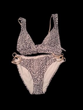 aerie Navy & White Paisley Print Bikini Set with Beige Strap Details